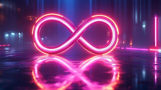 Glowing infinity symbol on wet surface with cityscape reflections in the background and ambient lighting display