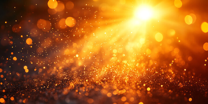 Golden light burst with sparkling dust and bokeh effects illuminating a warm festive background creating a magical atmosphere with abstract glitter particles and glowing orbs enhancing visual appeal