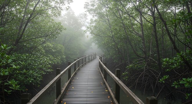 Wooden boardwalk through a lush green mangrove forest on a misty morning.