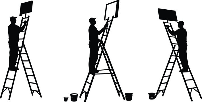 Silhouette workers on ladders, painting signs, teamwork, manual labor, construction, outdoor job, creative process, urban art, industrial scene, craftsmanship