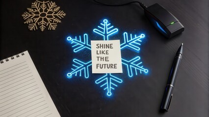 Glowing holographic blue neon snowflake on black surface design