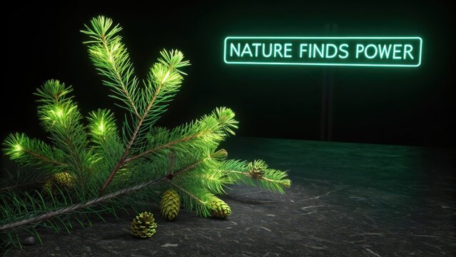 Glowing Green Pine Sprigs Against a Dark Cyberpunk Background