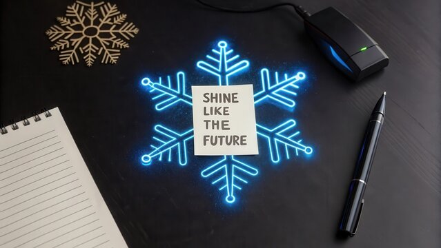 Glowing holographic blue neon snowflake on black surface design