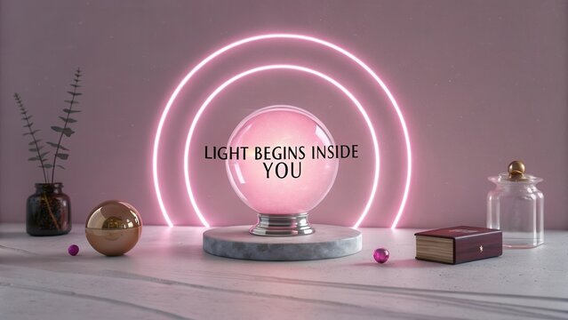 Glowing pink sphere with neon arch and inspirational text
