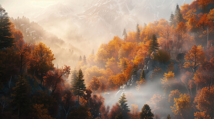 Autumn mountain forest with drifting warm mist