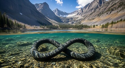 Surreal infinity symbol resting on the bottom of a clear mountain lake.