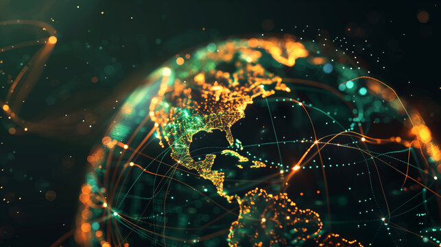 Green and orange global data network on dark background