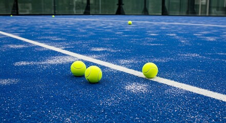 Tennis balls on a blue court with white lines.