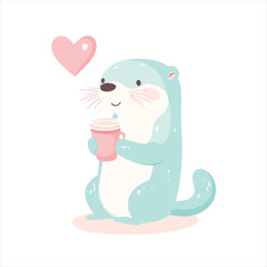 Cute otter drinking tea