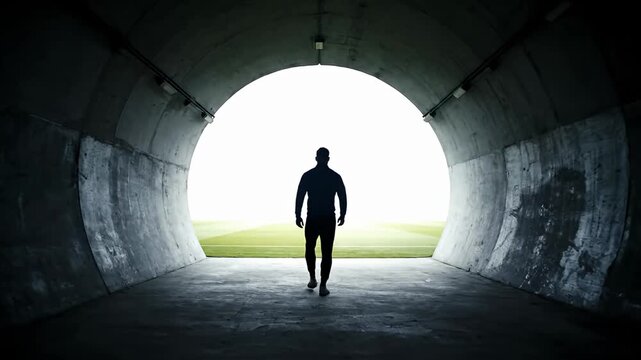 Sports athlete silhouette walking from dark tunnel into bright stadium light