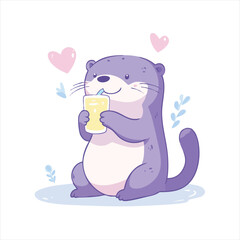 Cute otter drinking juice.  Hearts and foliage surrounding it