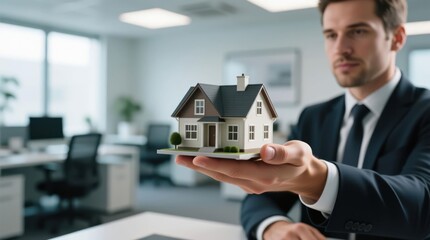 Businessman holding miniature house model