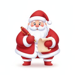 Santa claus writing his list isolated on white background, wearing red suit and hat