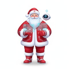 Santa claus using futuristic technology with a robot assistant isolated on white background