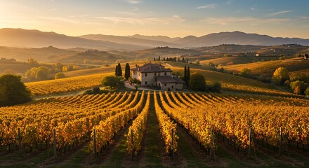 Tuscan Vineyard at Sunset - Rolling Hills and Golden Light.