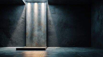 Dark and Minimalist Interior Space with Dramatic Lighting on a Vertical Column and Textured Walls, Ideal for Modern Design and Artistic Backgrounds