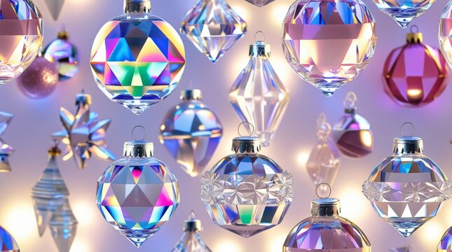 seamless pattern of transparent glass Christmas ornaments with prism reflections and silver caps