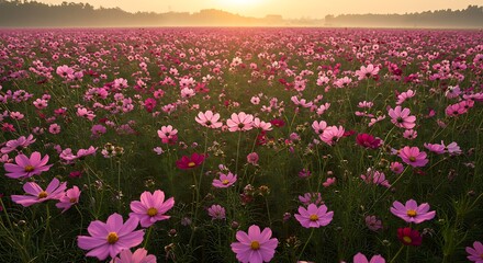 Vibrant Cosmos Flower Field at Sunrise with Golden Light and Misty Atmosphere.