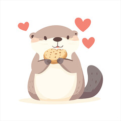 Cute otter enjoying a cookie.  Heart shaped decorations surround the otter