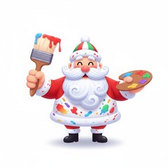 Cheerful santa claus holding paintbrush and palette isolated on white background