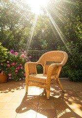 Wicker chair bathed in warm sunlight on a sunny patio surrounded by lush greenery and flowers.