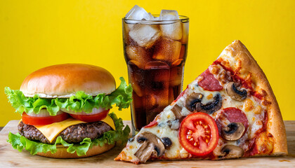 An iconic trio of fast food favorites a savory hamburger, a loaded pizza slice, and a sparkling glass of soda against a bright yellow background