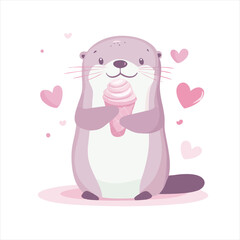Cute otter holding ice cream cone.  Heart-shaped decorations
