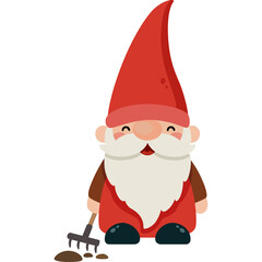 Cute Garden Gnome Wearing A Red Hat And Red Clothes Holding A Rake With Dirt On A White Background