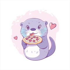 Cute otter eating pizza
