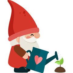 Cute Gnome Character with Red Hat Watering a Sprout in a Garden Scene with a Pink Heart on the Watering Can