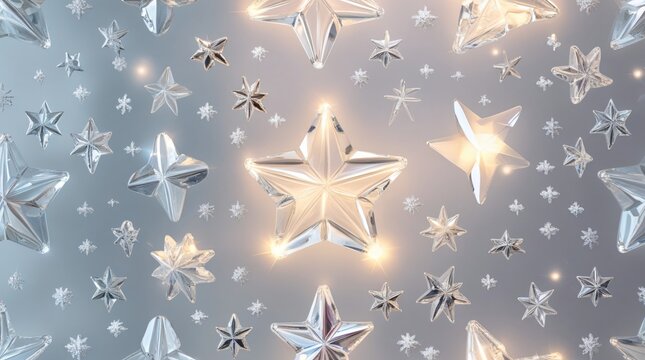seamless pattern of glass stars emitting soft prism glow on frosted white background
