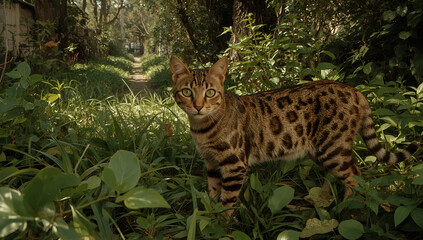 Obraz premium Lucid realism bengal cat with distinctive spotted fur in natural background