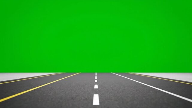 Asphalt road with center lines and yellow edges against a solid green background