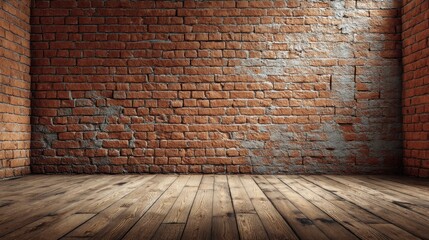 Exposed Brick Wall and Wooden Floor Interior Design for Photographic Background and Studio Use in Warm Rustic Style Aesthetic