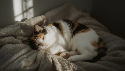 Lucid realism calico cat relaxing on soft blanket background in cozy indoor environment