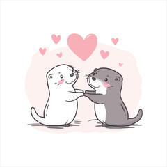 Cute otter couple holding hands, surrounded by hearts