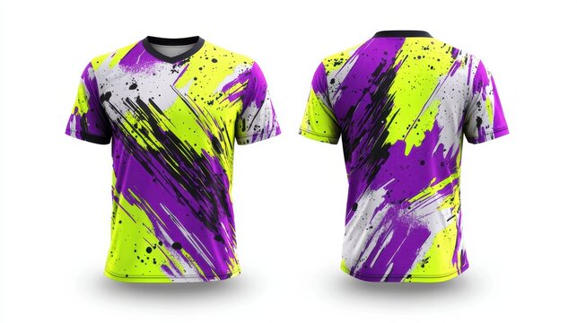 a sublimation sports jersey with bold grunge brush strokes in neon green, purple, and yellow, combining abstract graffiti and paint splatter effects,