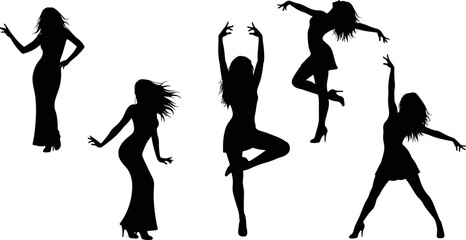 Elegant female dancers silhouettes vector, graceful women in various dynamic poses and dresses