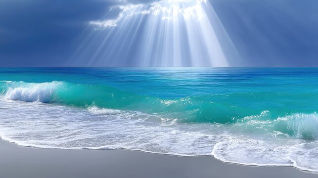 Vivid Ocean Landscape With Sun Rays Breaking Through Clouds Onto A Sandy Beach With Turquoise Water And White Waves