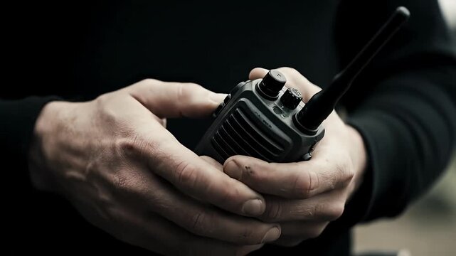 Close up of hands holding a professional walkie talkie for secure communication