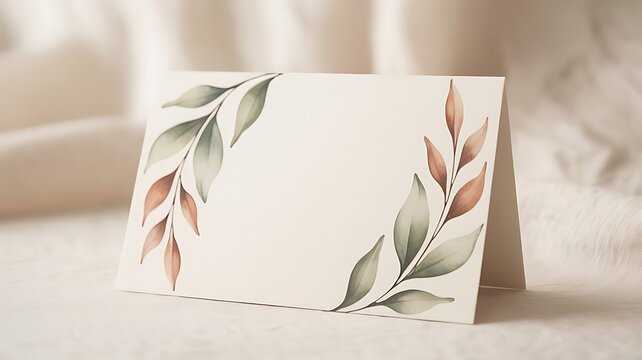Blank greeting card with elegant floral design on white fabric surface table