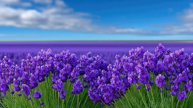 Vibrant Lavender Field Under A Blue Sky With Wispy Clouds Detailed Close Up Of Purple Flowers Capturing The Essence Of Summer Blooming Scenery - Powered by Adobe