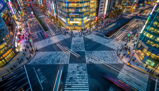 Tokyo's shibuya Scramble Crossing with Light Trails from Aerial view 