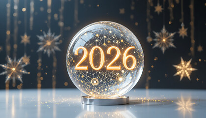 A glowing glass sphere floating above a reflective white surface, displaying the numbers &lsquo;2026&rsquo; in elegant golden light