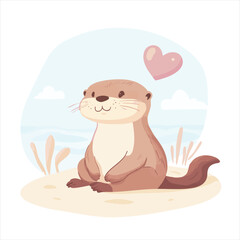 Cute otter illustration, sitting on a sandy beach