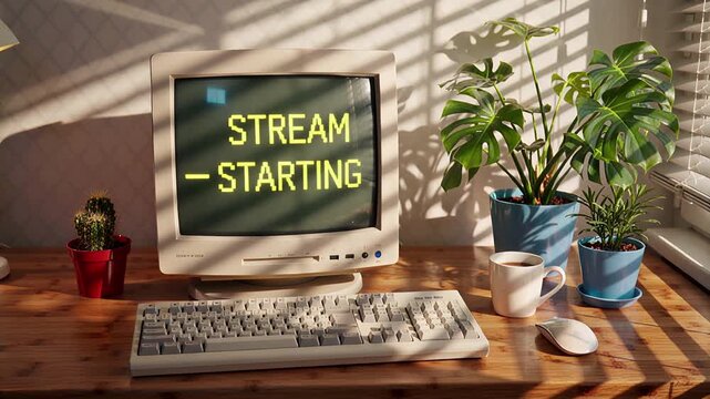 cozy retro computer setup: sunlit home office workspace illustration | streamer, gaming, chill, work, relax theme