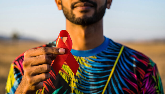 A person's hand delicately holding a vibrant red ribbon, a universally recognized symbol of World AIDS Day