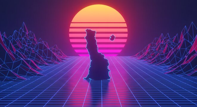 Ha Long Bay, Vietnam Retro Futuristic Landscape With Silhouette and Grid Synthwave Sc