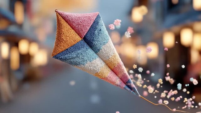 Colorful kite flying in the air with blurred street background