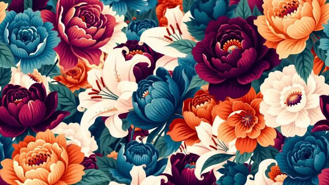 Dense floral pattern in vibrant colors, featuring roses and lilies with lush foliage